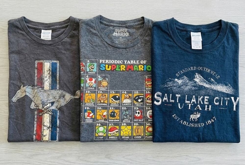 Graphic T Mens XL Shirt Lot 3 Nintendo Super Mario Ford Mustang Navy Gray